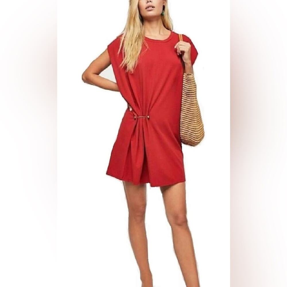 Free People $99 Boho Retro Hardware Shift Mini Dress Brick Red Cotton Medium M1
